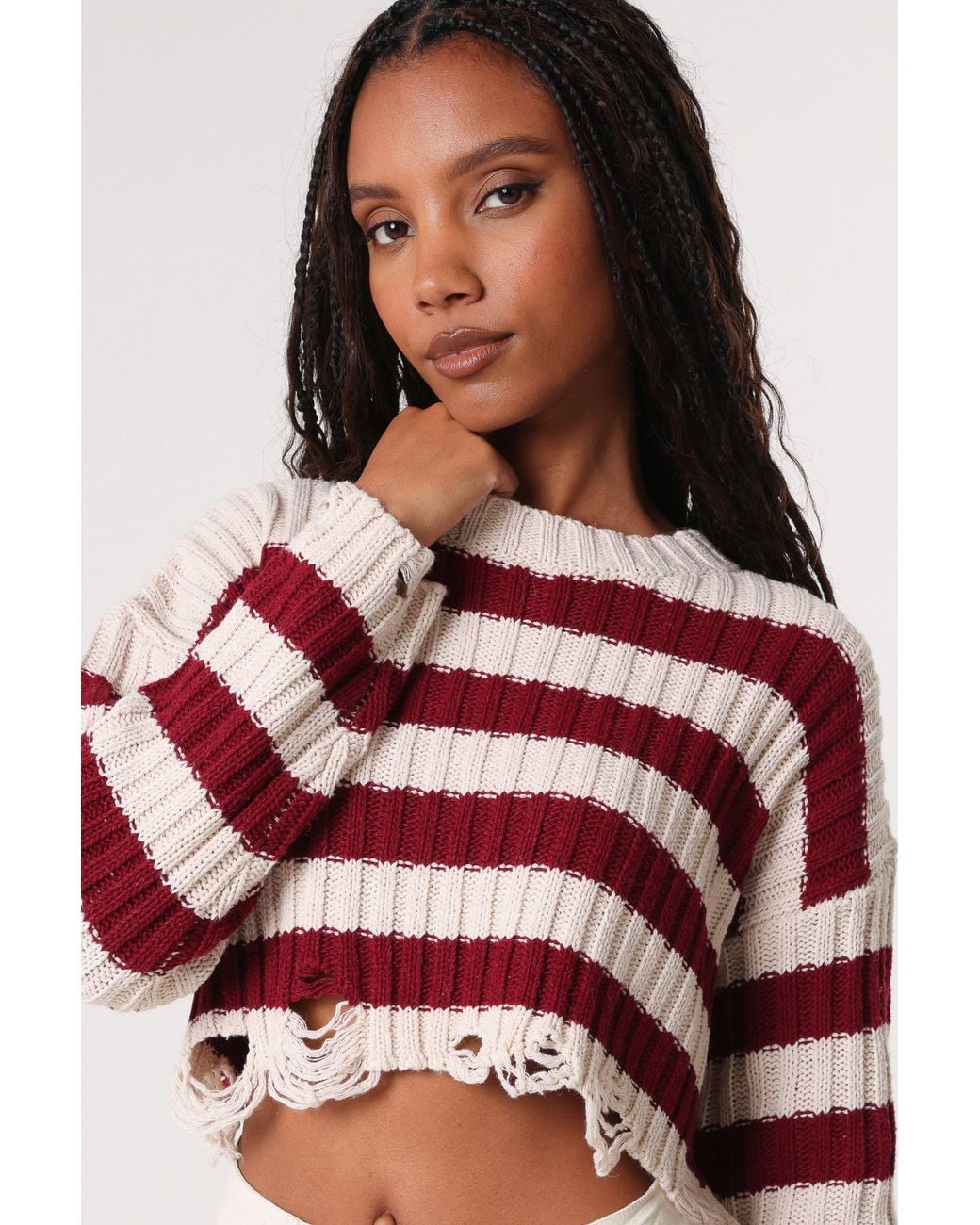 Pink Vanilla Red Distressed Striped Crop Knit Jumper