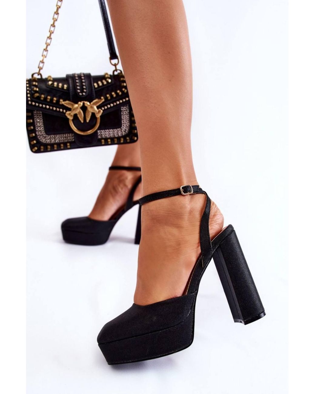 Love Lace Black Glitter Heel Sandals With Square Toe Ankle Buckle Party Style