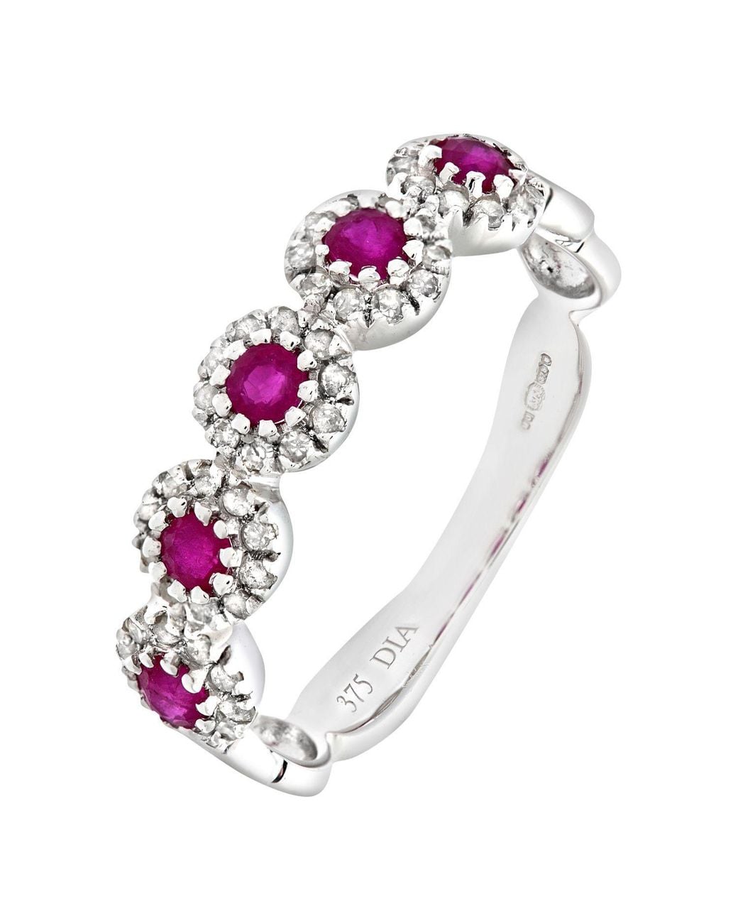 Jewelco London Pink 9Ct Diamond Ruby Bubble Halo Pentalogy Eternity Ring