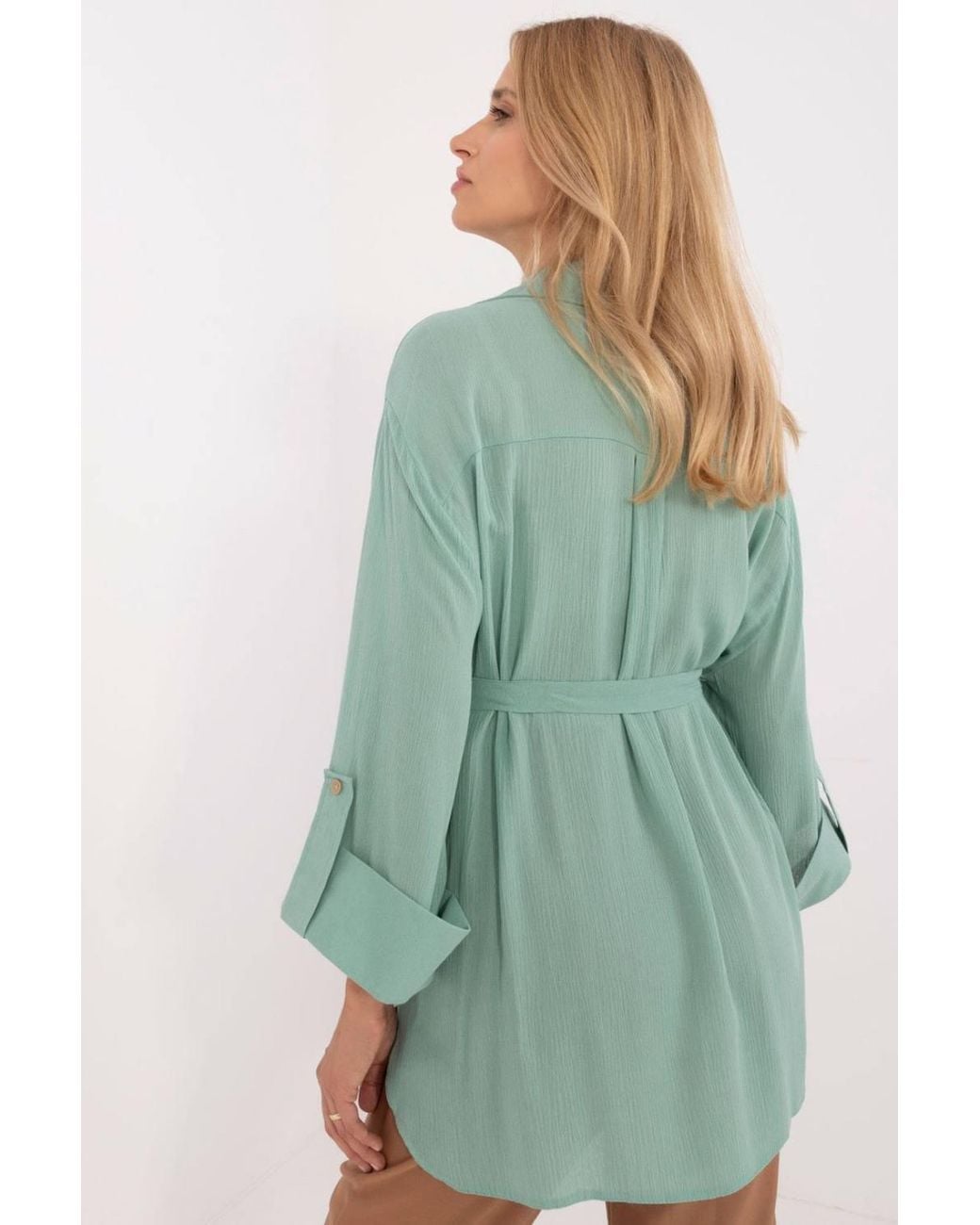 Love Lace Green Casual Cotton Button Down Shirt With Tie Belt