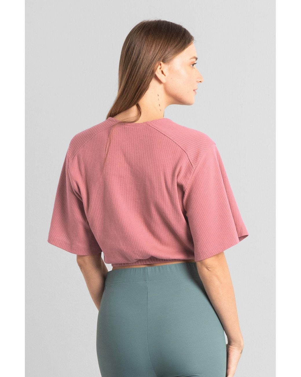 Enorsia Pink Knot Details V-Neck Bell Sleeve Top