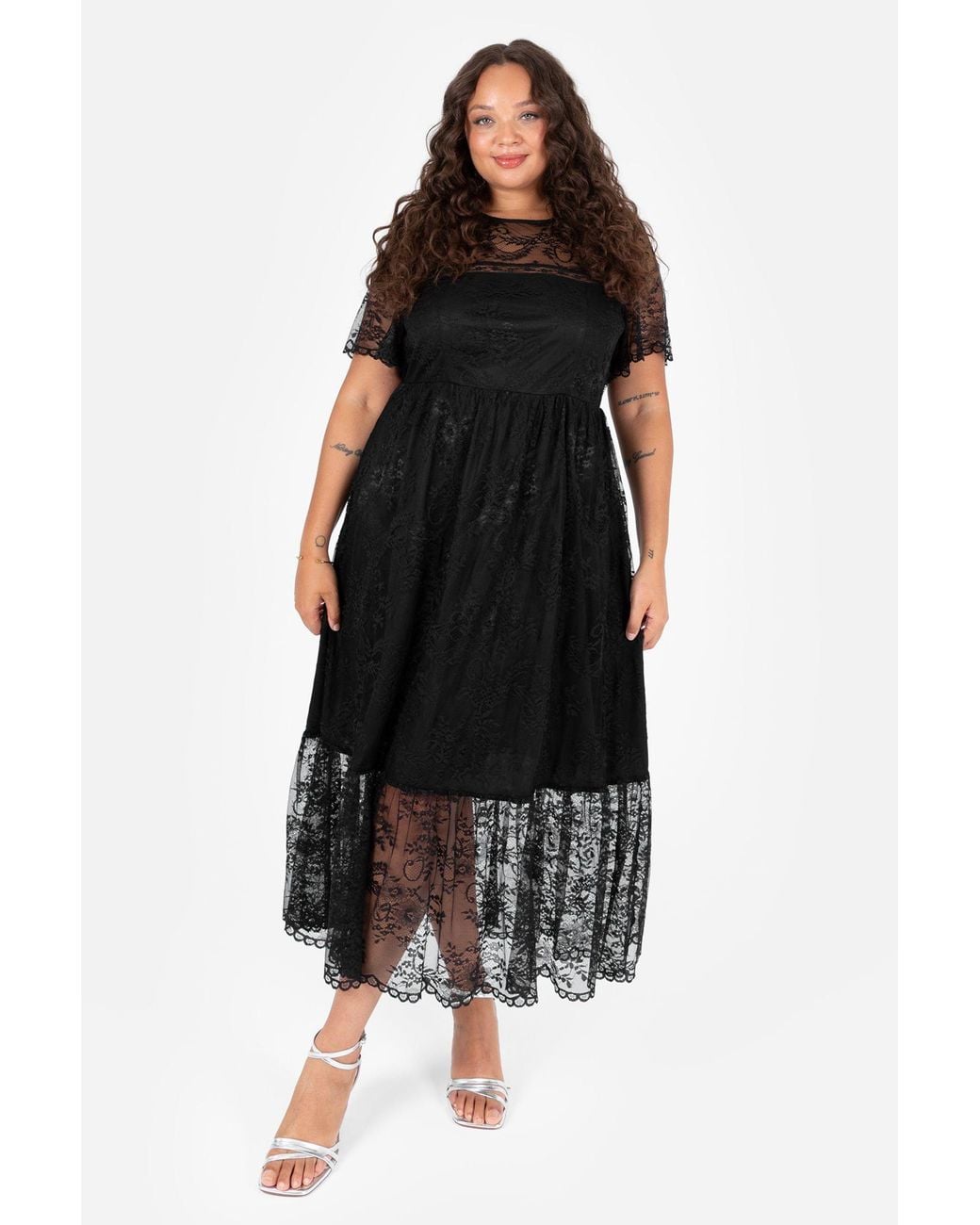 Lovedrobe Black Short Sleeve Lace Midi Dress