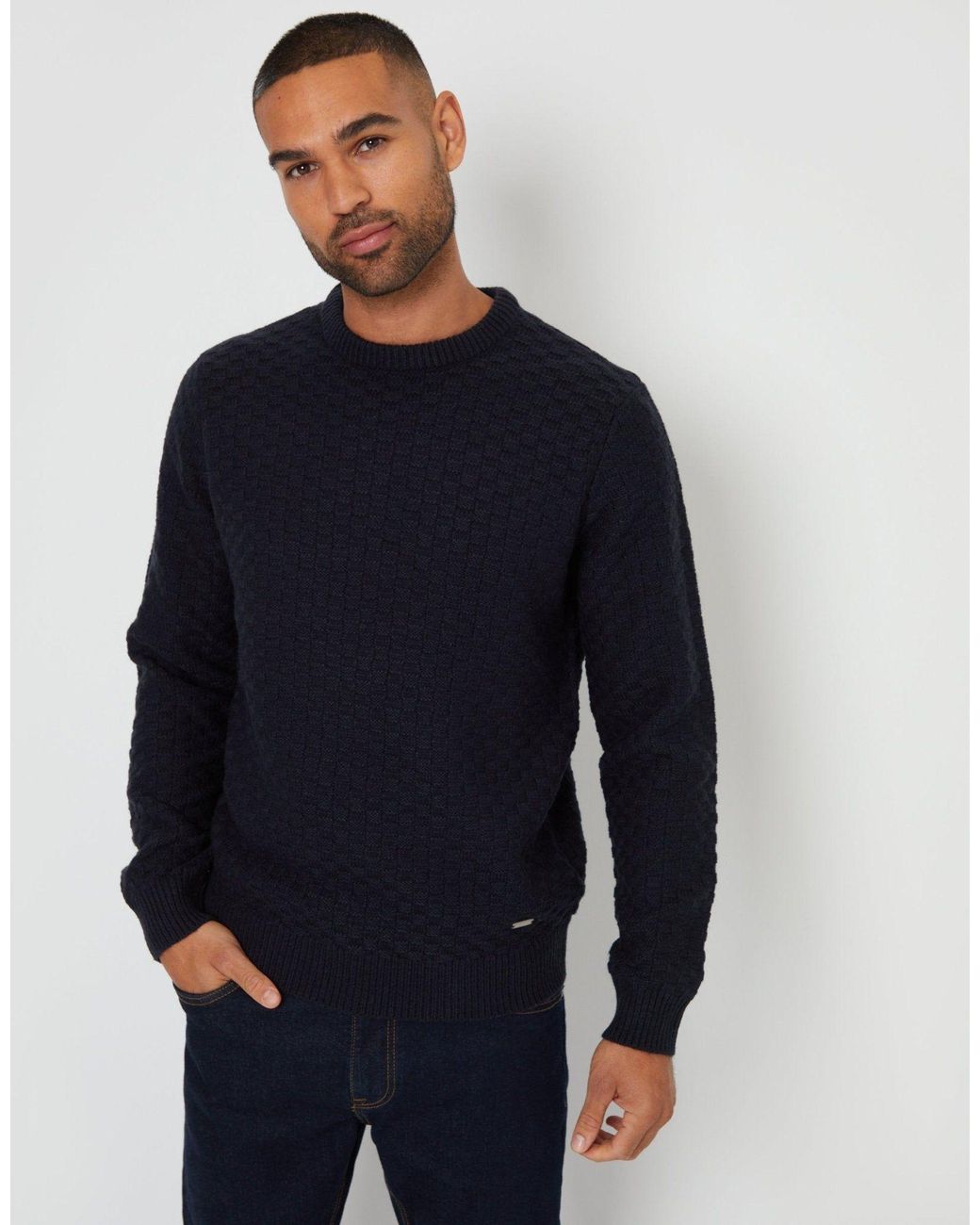 Threadbare Blue 'Oldcastle' Textured Knit Crew Neck Jumper for men