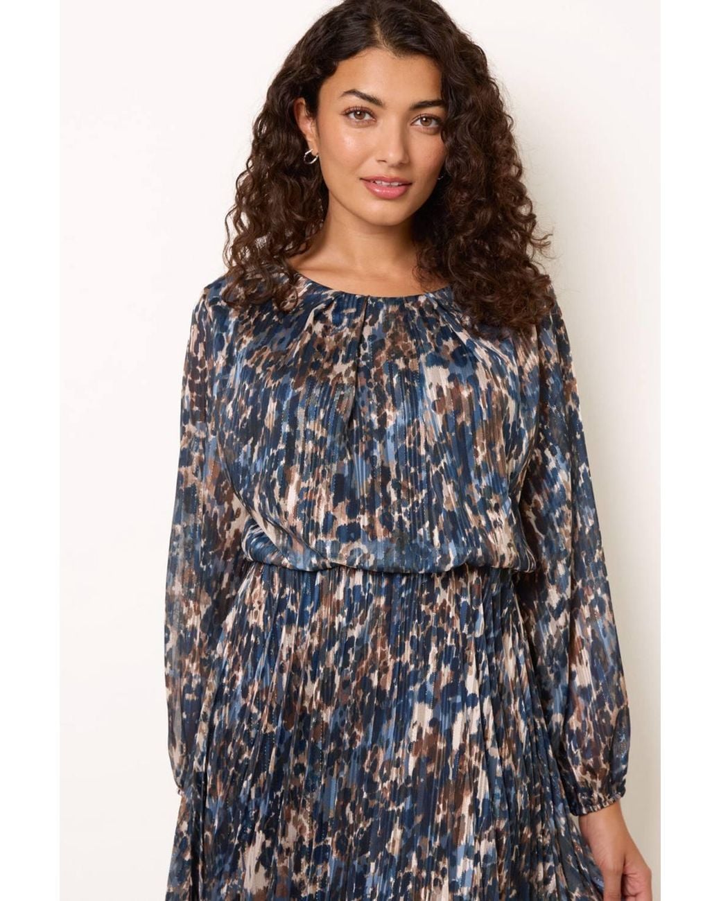 Blue Vanilla Blue Elasticated Waist Long Sleeve Round Neck Midi Dress