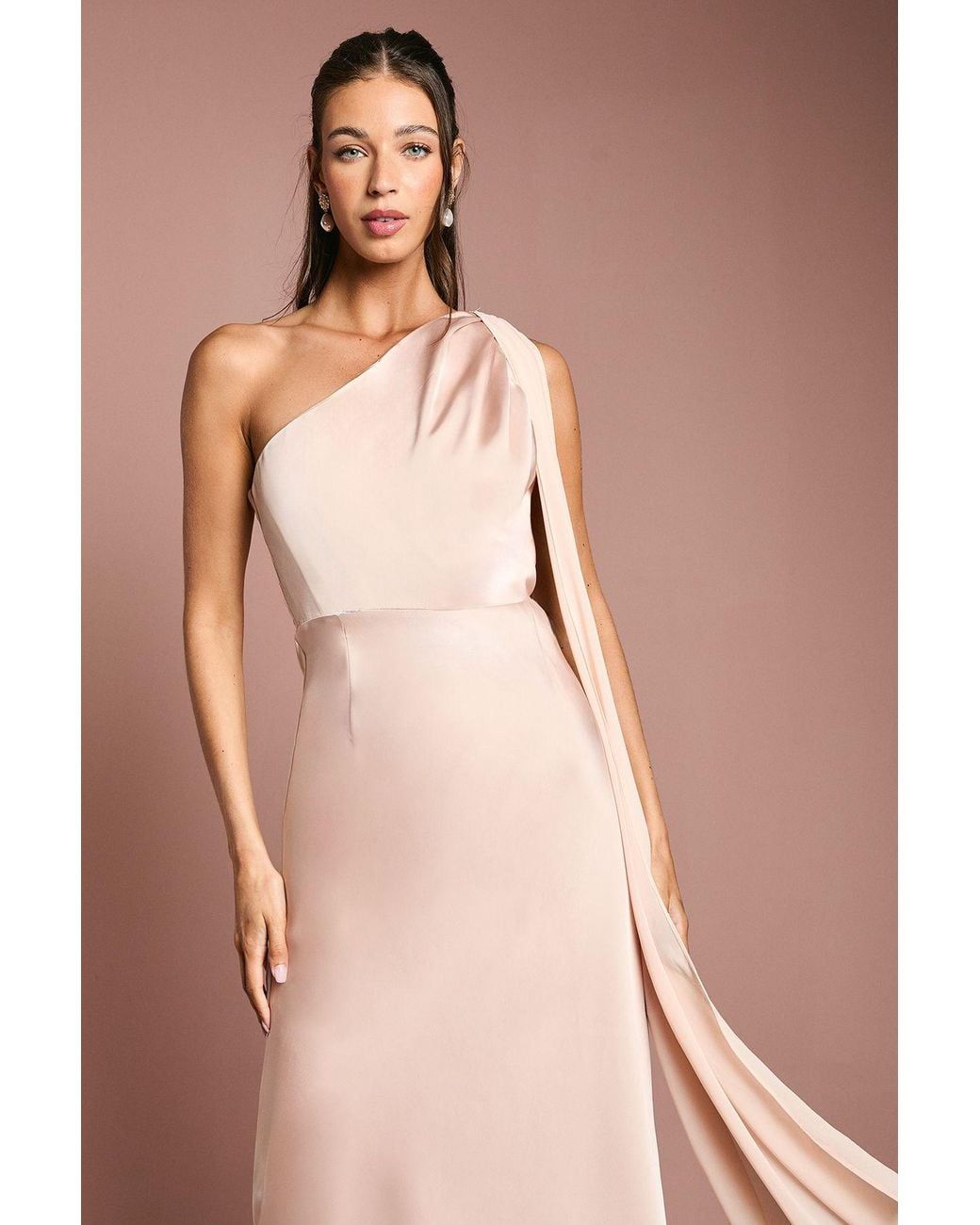 Coast Pink Satin One Shoulder Bridesmaid Dress With Chiffon Drape