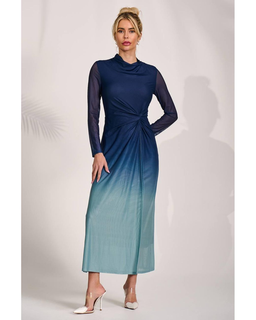 Jolie Moi Blue Petite Long Sleeve Mesh Maxi Dress
