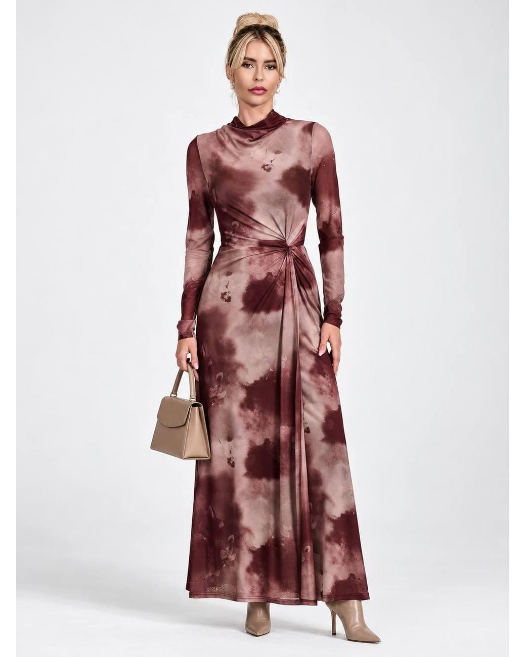 Jolie Moi Red High Neck Long Sleeve Mesh Maxi Dress