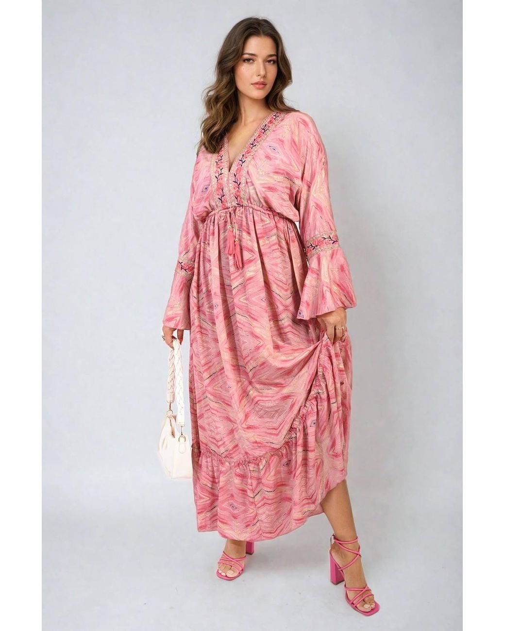 IKRUSH Pink Melissa Printed Long V-Neck Ruffled Hem Maxi Dress