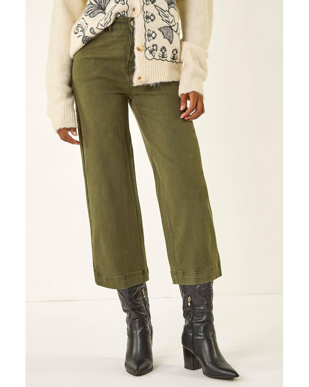 Roman Green Wide Leg Stretch Denim Cropped Culottes