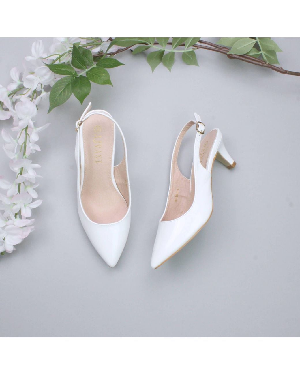 AJVANI Gray Mid Heel Pointed Toe Patent Slingback 50S Court Shoes