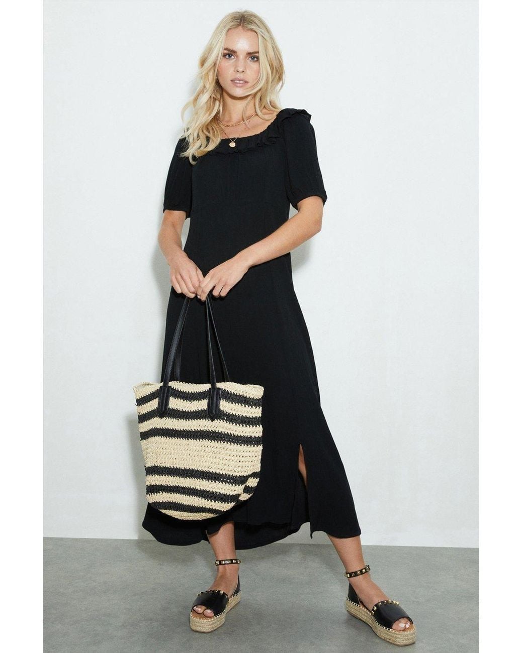 Dorothy Perkins Black Petite Frill Neck Midi Dress