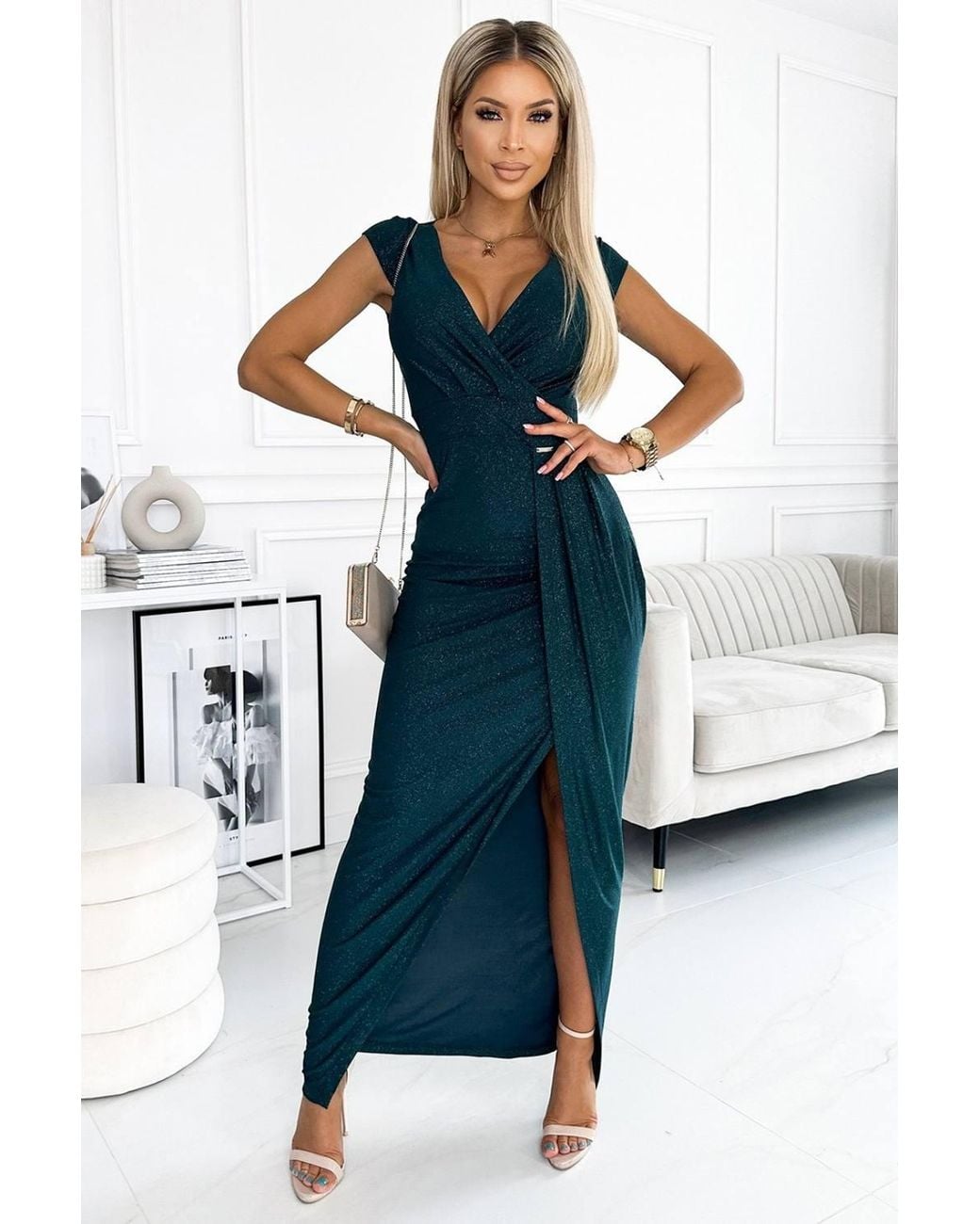 Love Lace Blue Glitter Stretch Long Envelope Slit Dress