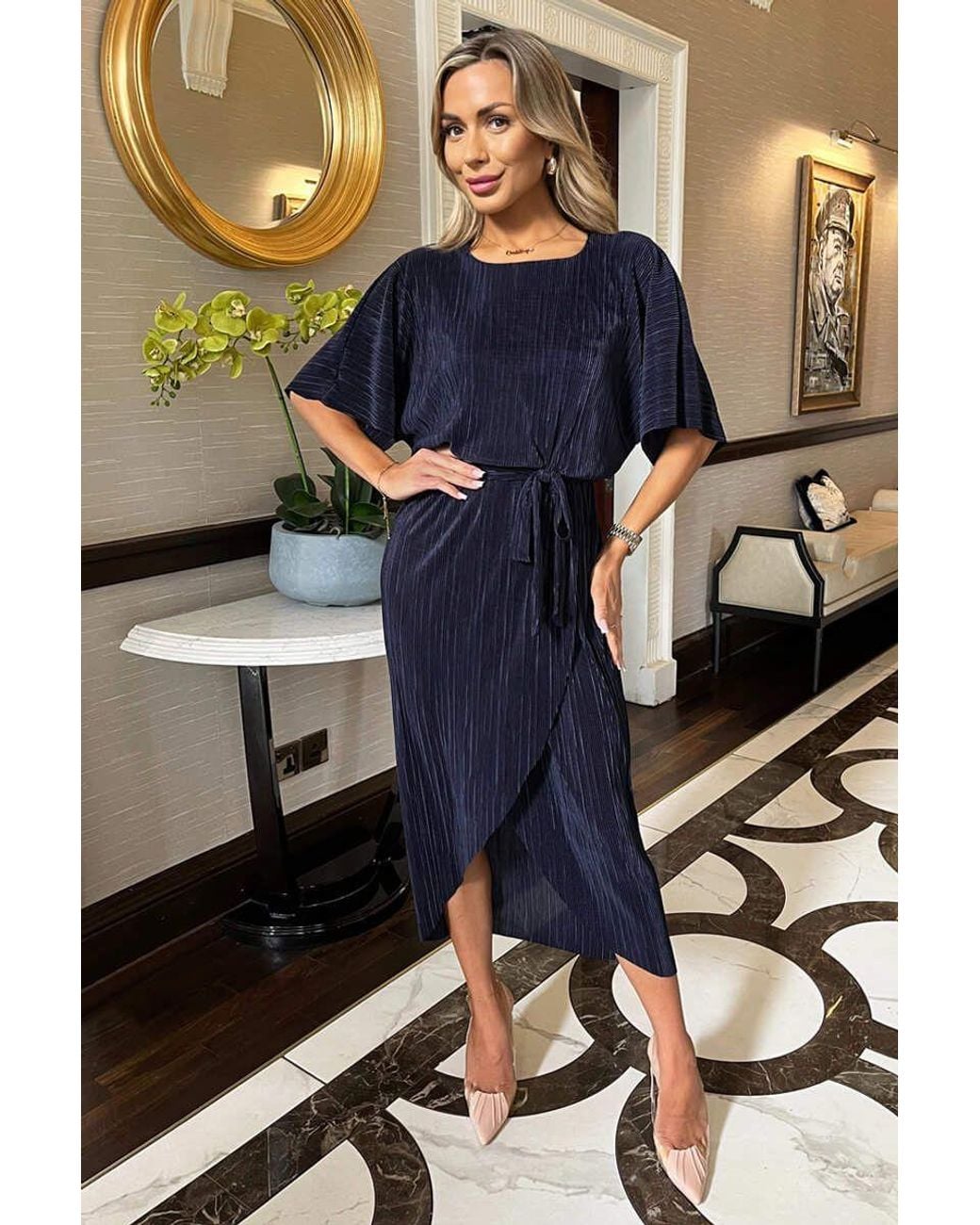 AX Paris Blue Short Sleeve Tie Waist Plisse Midi Dress