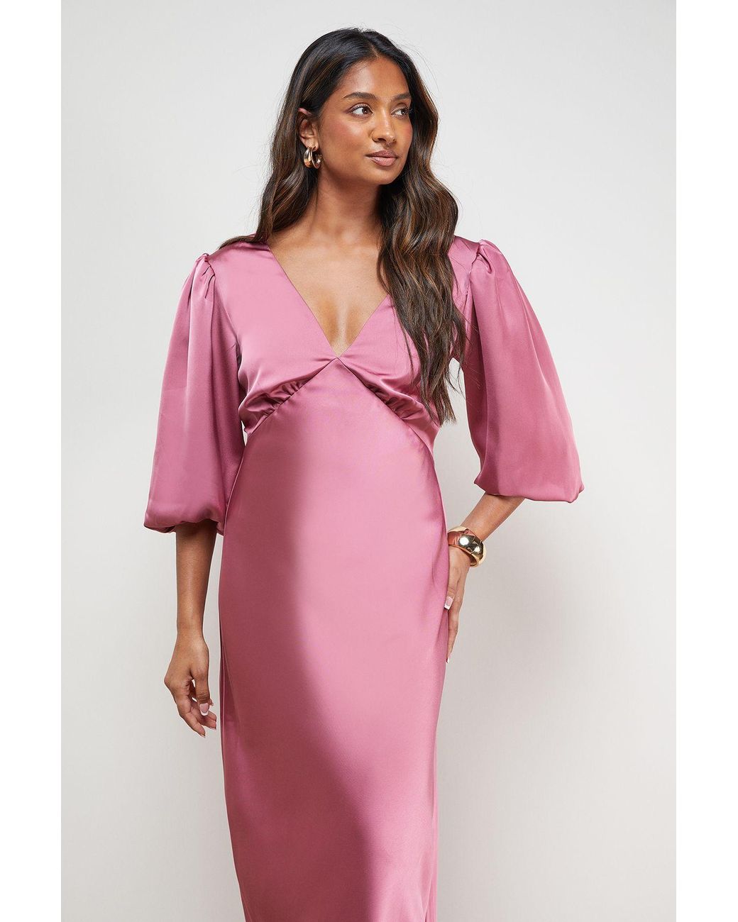 Oasis Pink Satin V Neck Balloon Sleeve Bias Midi Dress