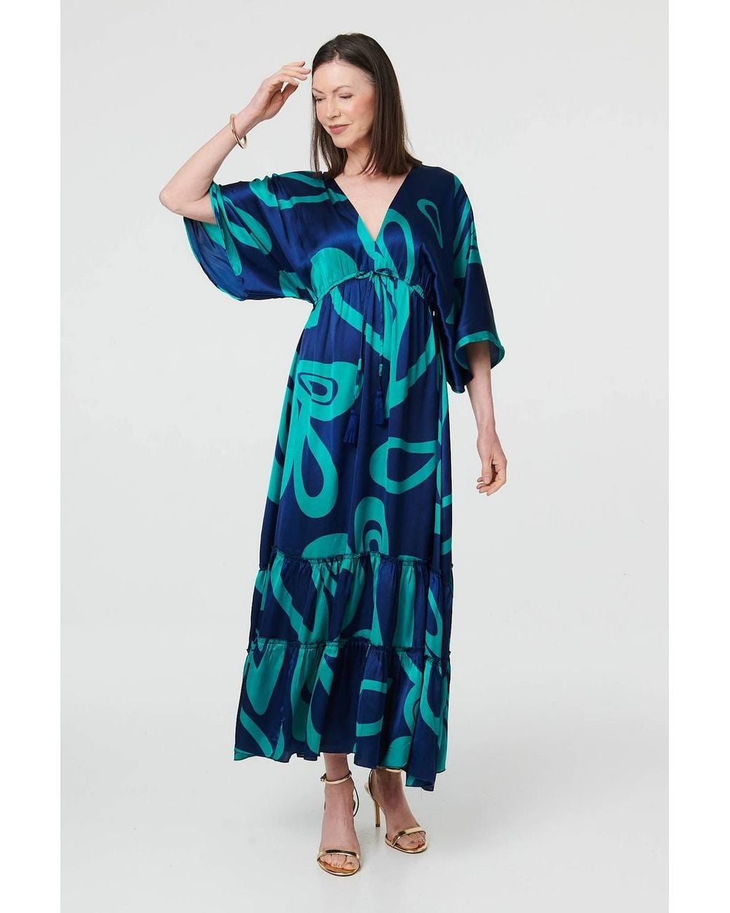 Izabel London Blue Abstract Relaxed 3/4 Sleeve Maxi Dress