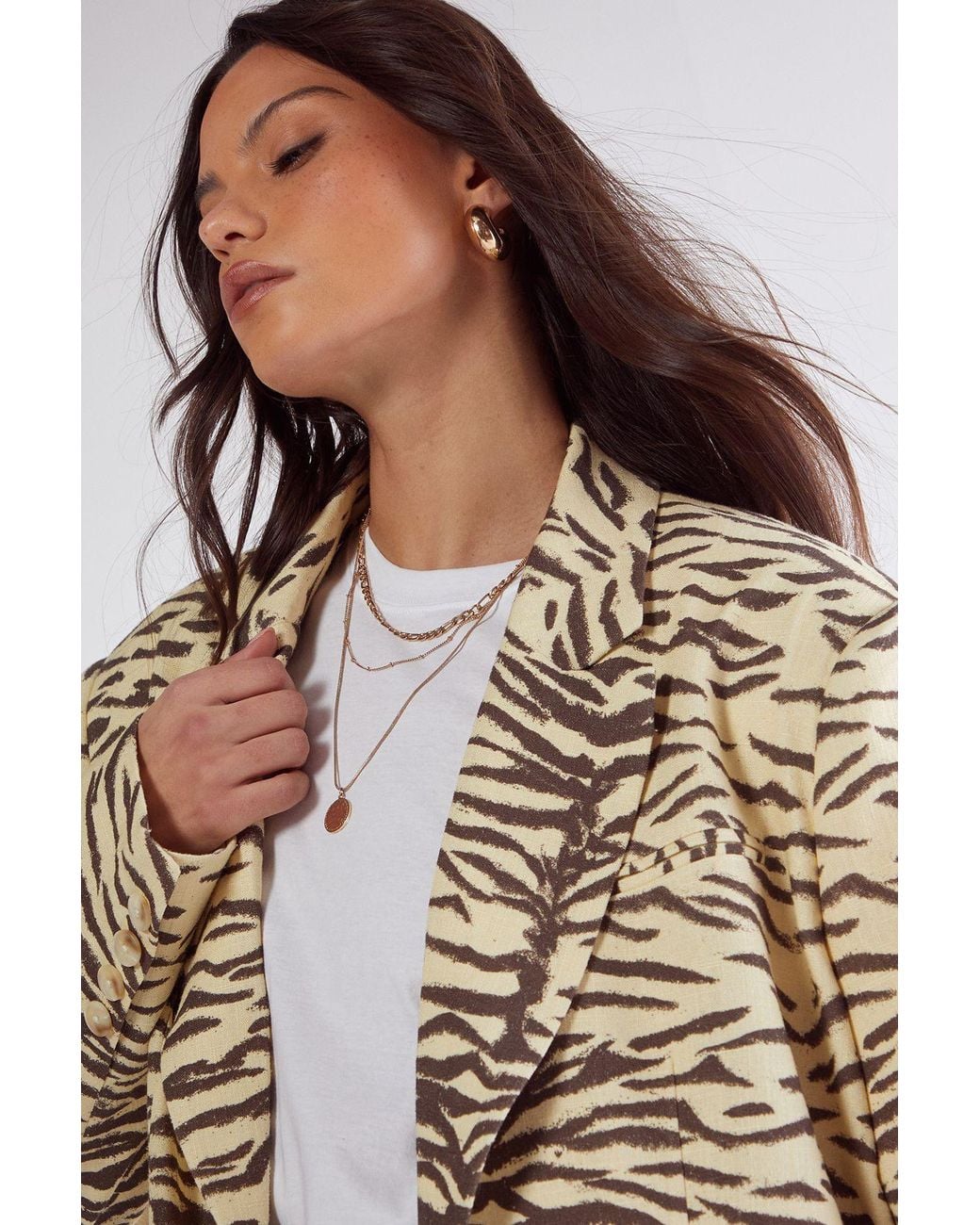 Nasty Gal Natural Zebra Linen Print Oversized Blazer