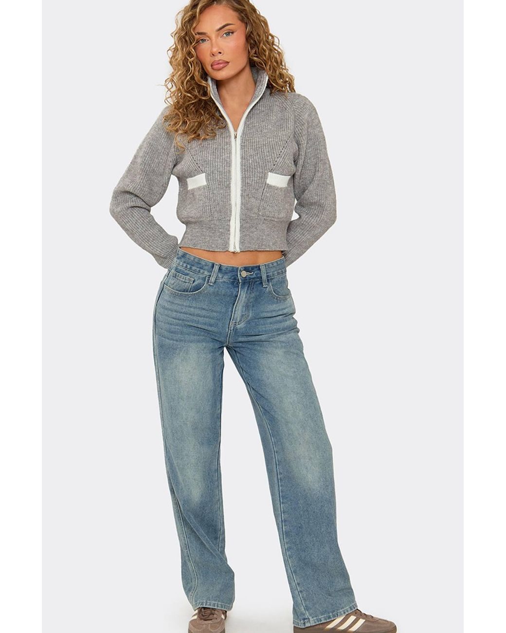 EGO Gray Long Sleeve Zip Contrast Knit Top