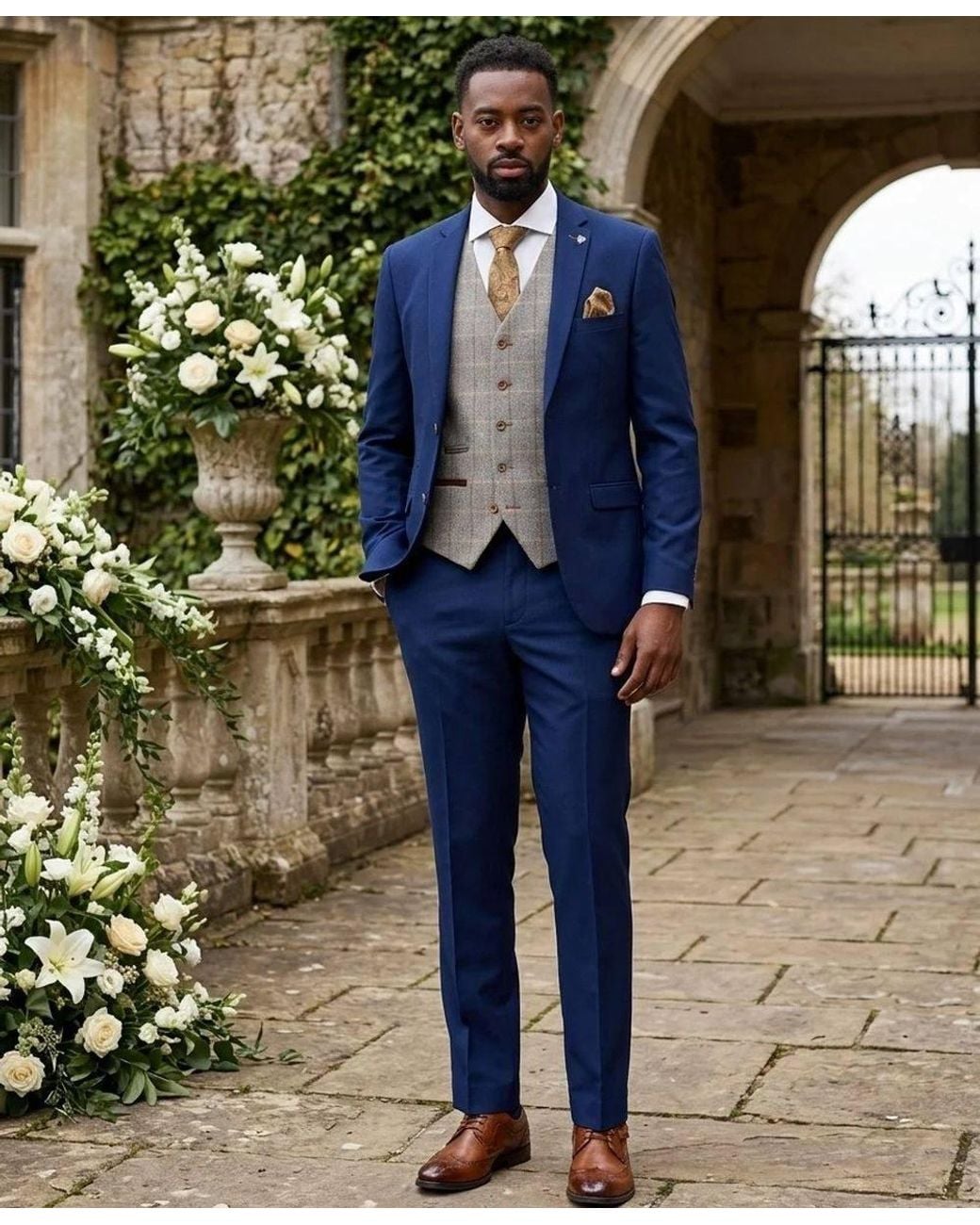 Paul Andrew Blue 3 Piece Textured Suit With Tweed Check Waistcoat for men