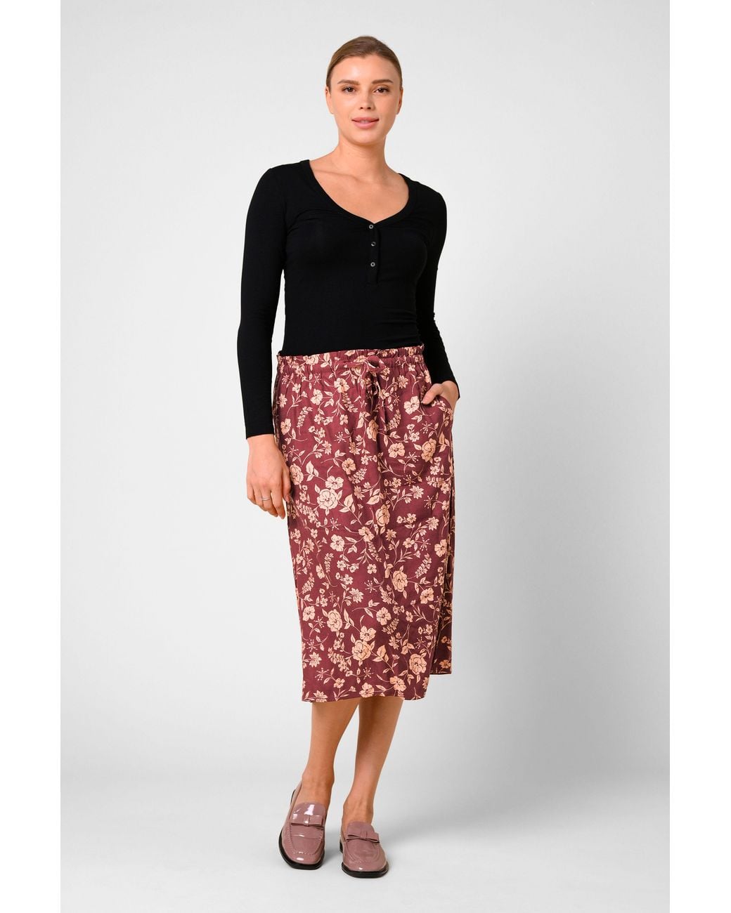 Enorsia Red Summer Flower Linen Midi Skirt