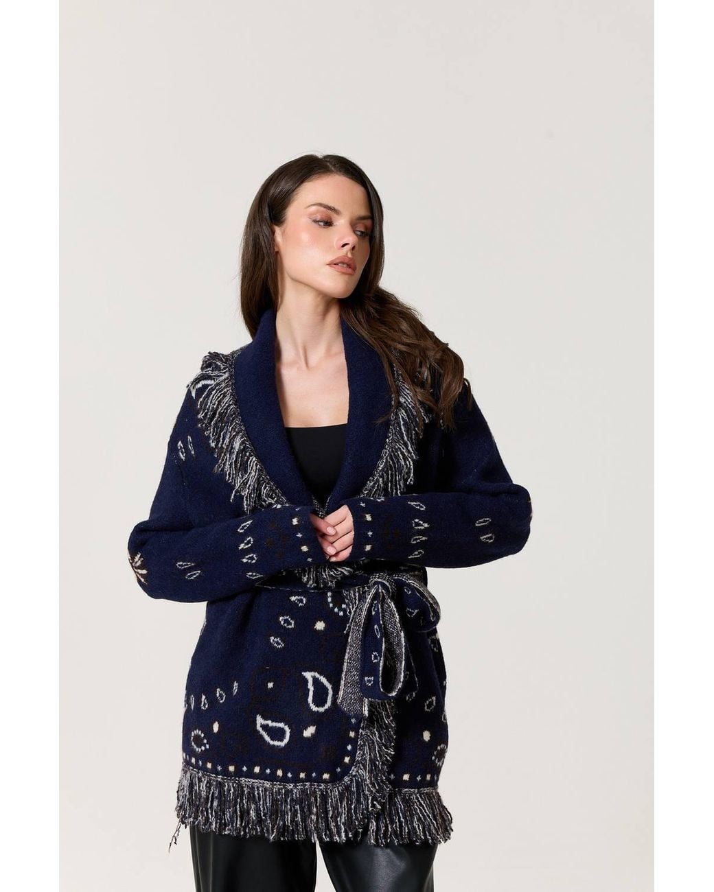 Liquorish Blue Paisley Fringe Wool Blend Cardigan