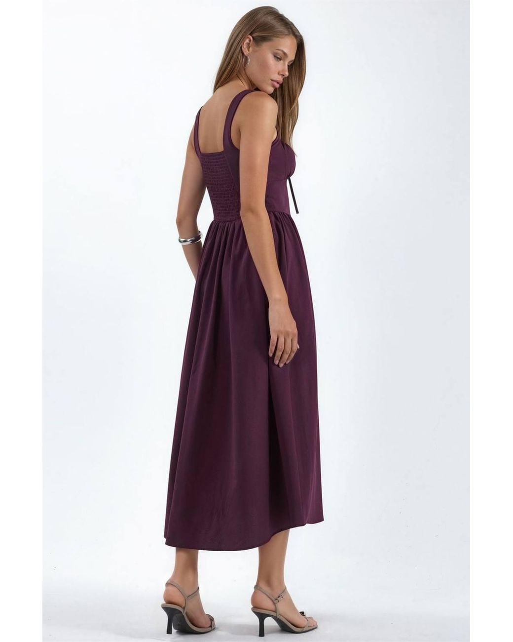Busem Purple Midi Dress With Square Collar & Button Detail