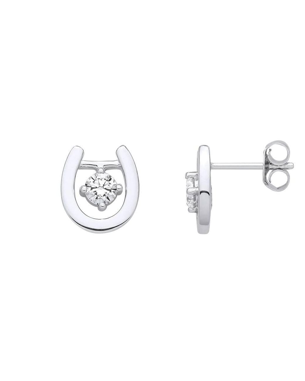 Jewelco London Metallic Cz Lucky Charm Horseshoe Dangling Solitaire Drop Earrings
