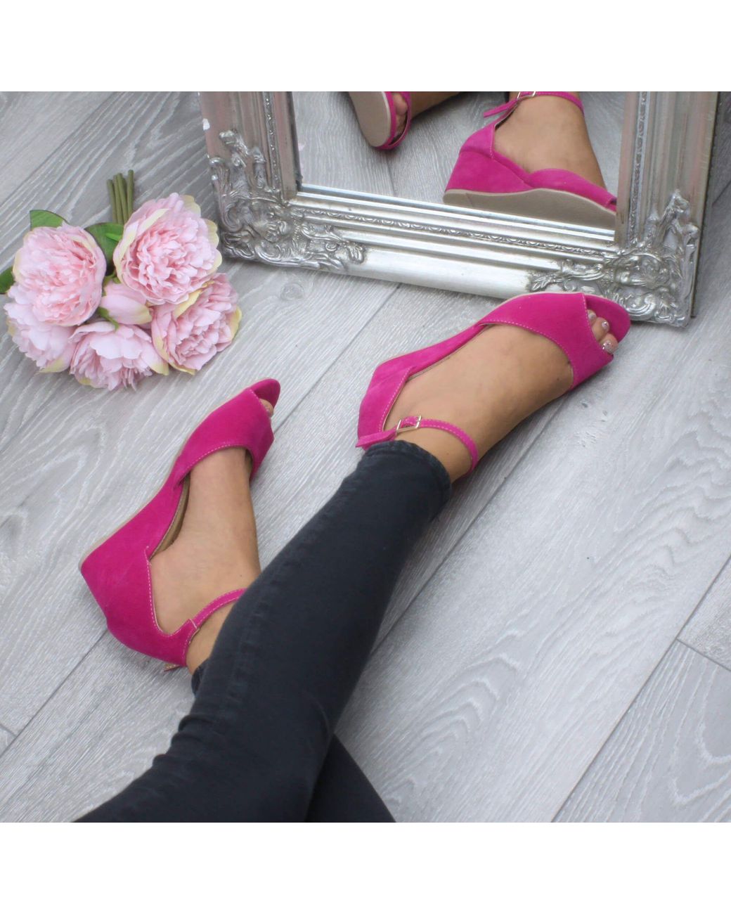 AJVANI Pink Mid Wedge Heel Ankle Strap Sandals