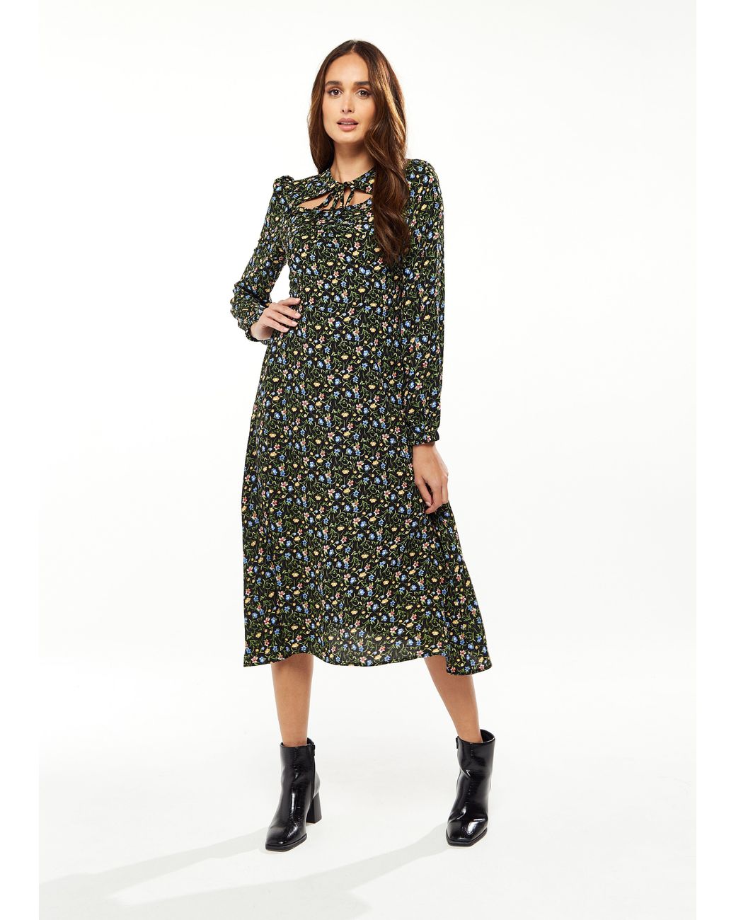 Liquorish Green Floral Print Midi Dress With Lurex & Neck Detail