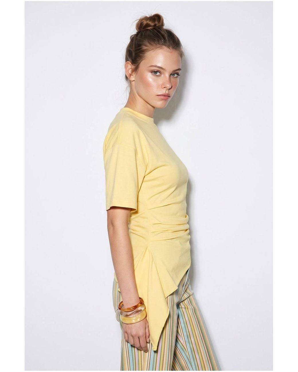 Bianco Lucci Metallic Fitted Jersey Blouse With Drape Detail
