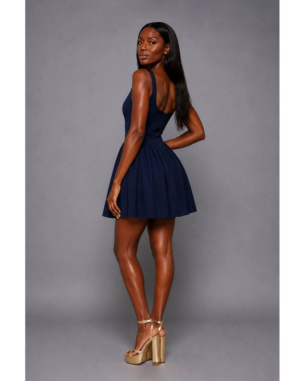 Vesper Blue Square Neck Skater Skirt Mini Dress