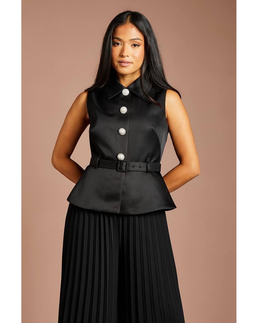 Coast Black Petite Collared Peplum Pleated Georgette Trouser Jumpsuit