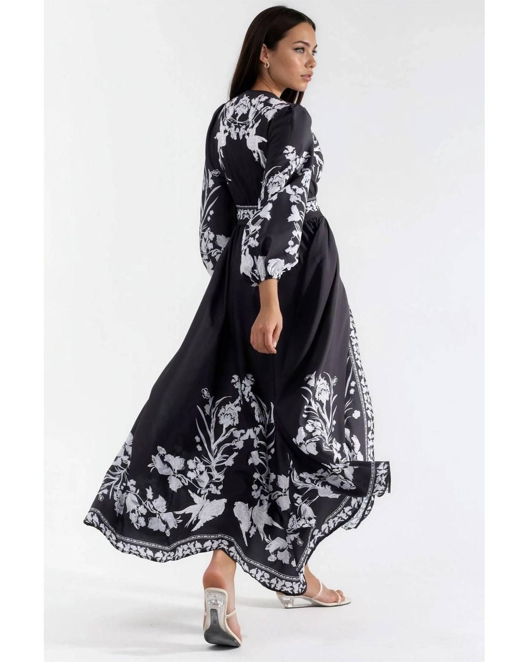 Msn-Collection Blue Floral Maxi Dress With V-Neck & Tie Detail