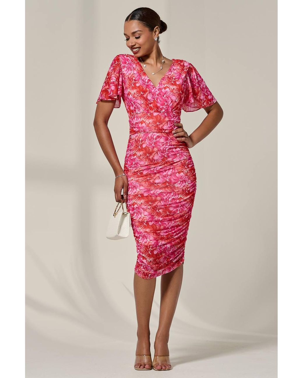 Jolie Moi Pink Angel Sleeved Floral Mesh Bodycon Dress