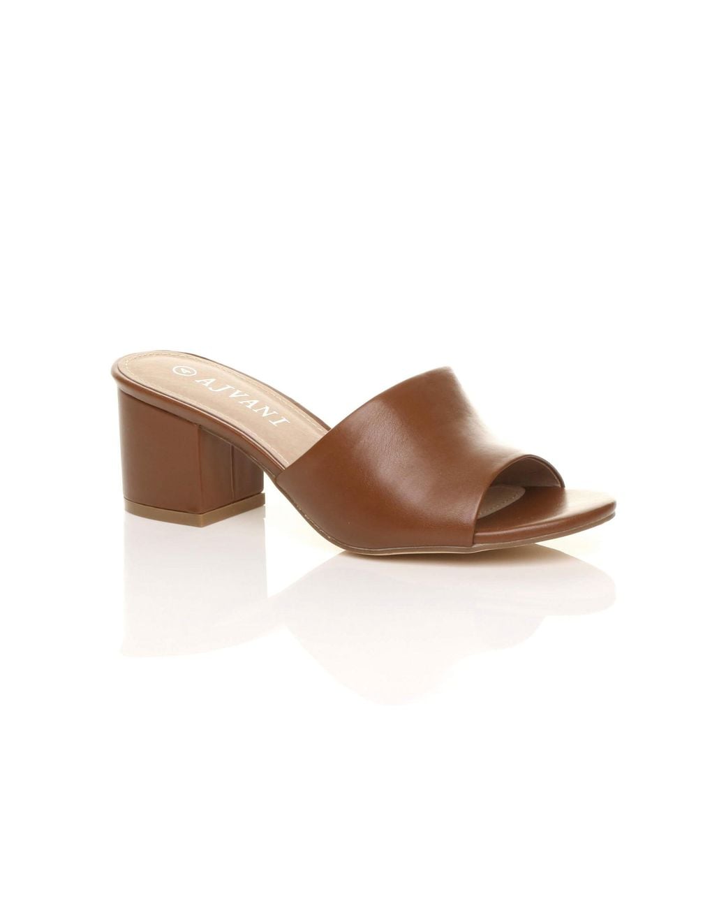 AJVANI Brown Mid Block Heel Peep Toe Mules Sandals