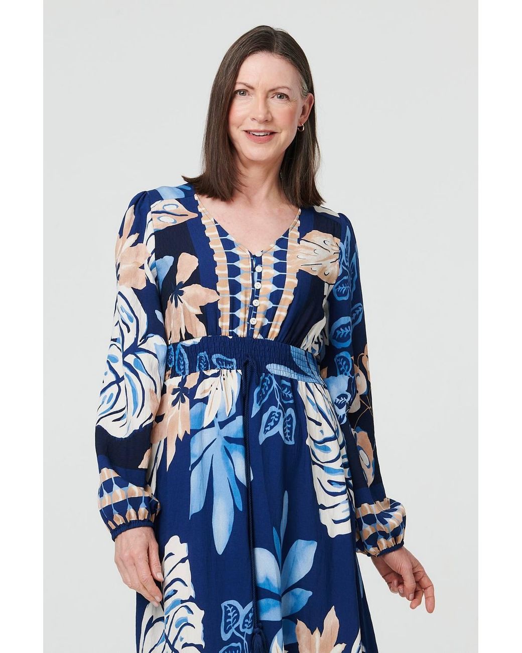 Izabel London Blue Printed Long Sleeve A-Line Maxi Dress