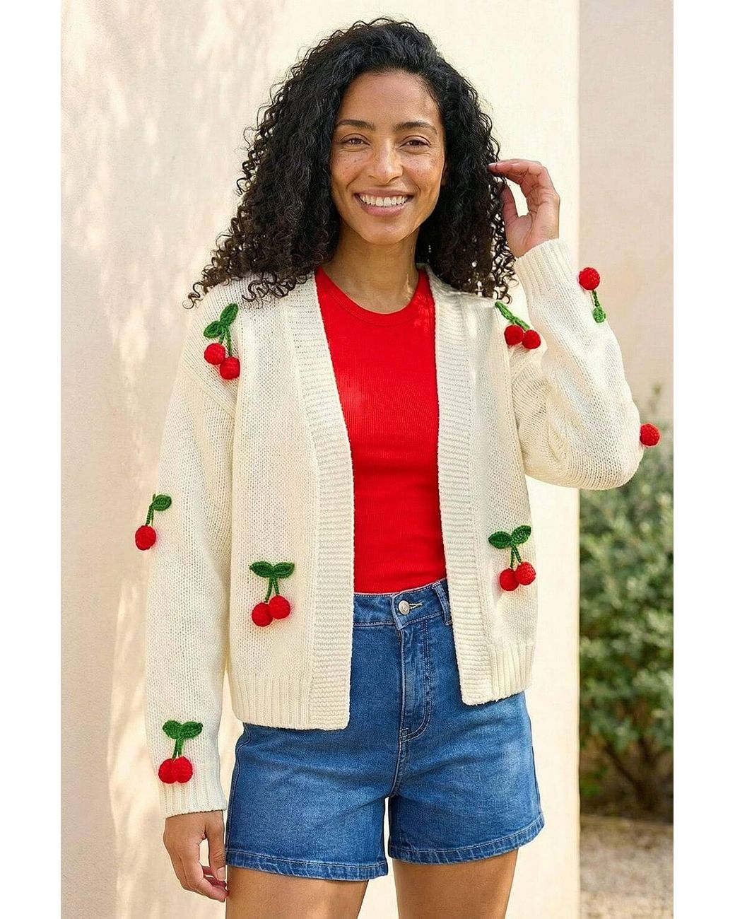 Roman Red Crochet Cherry Knit Cardigan