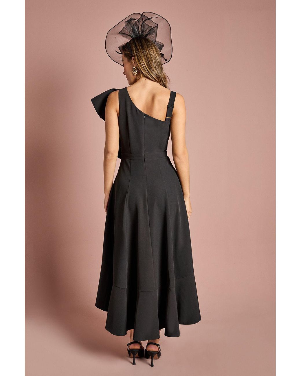 Coast Black One Shoulder Crepe Ruffle Midi Dress