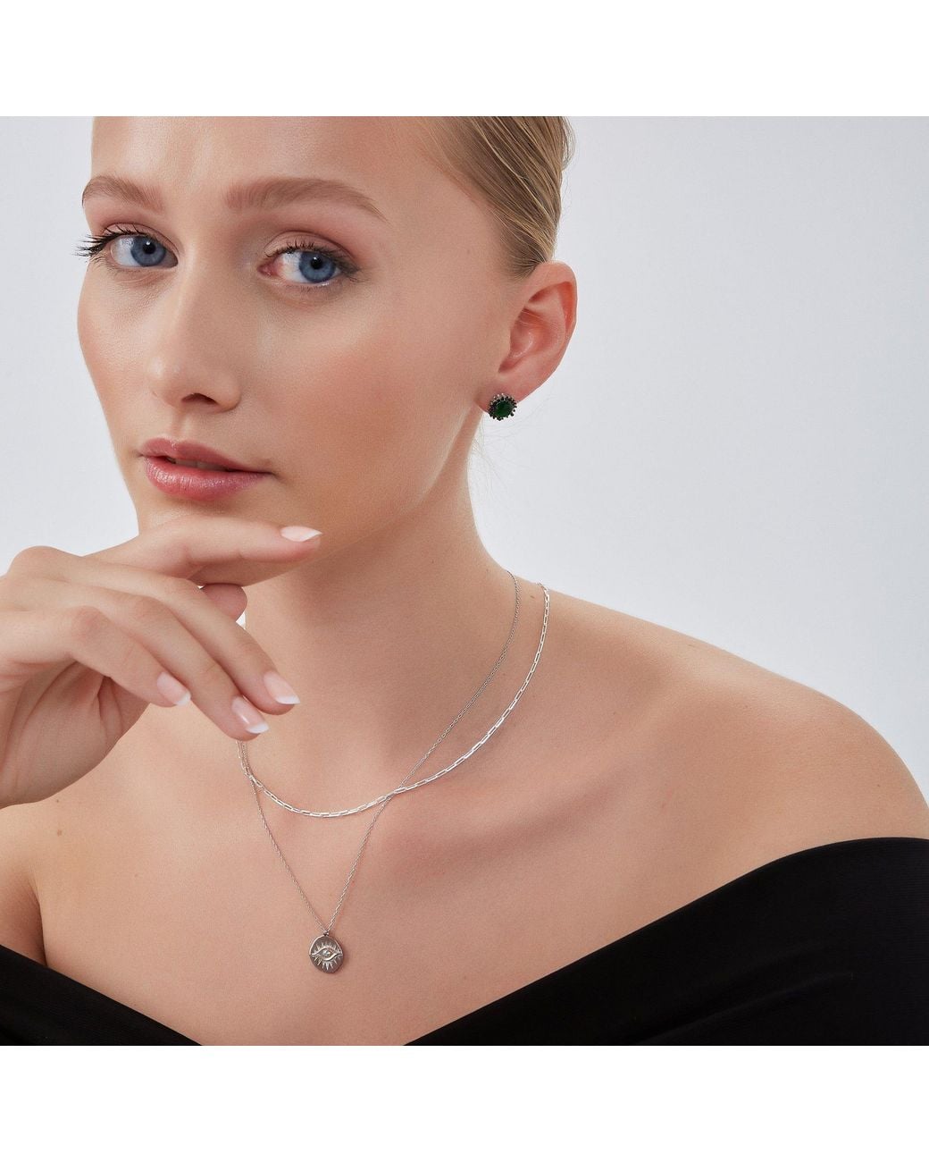 Spero London Metallic Eye Coin & Rectangular Chain Sterling Evil Eye Necklace Set