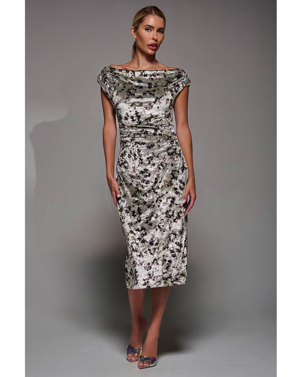 Jolie Moi Gray Velvet Print Ruched Bodycon Dress