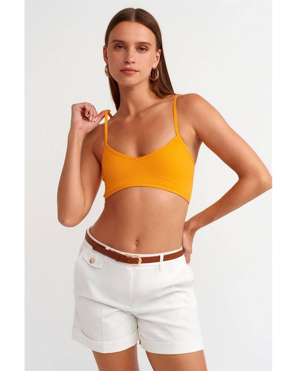 Dilvin Orange Ribbed V-Neck Crop Bralet Top