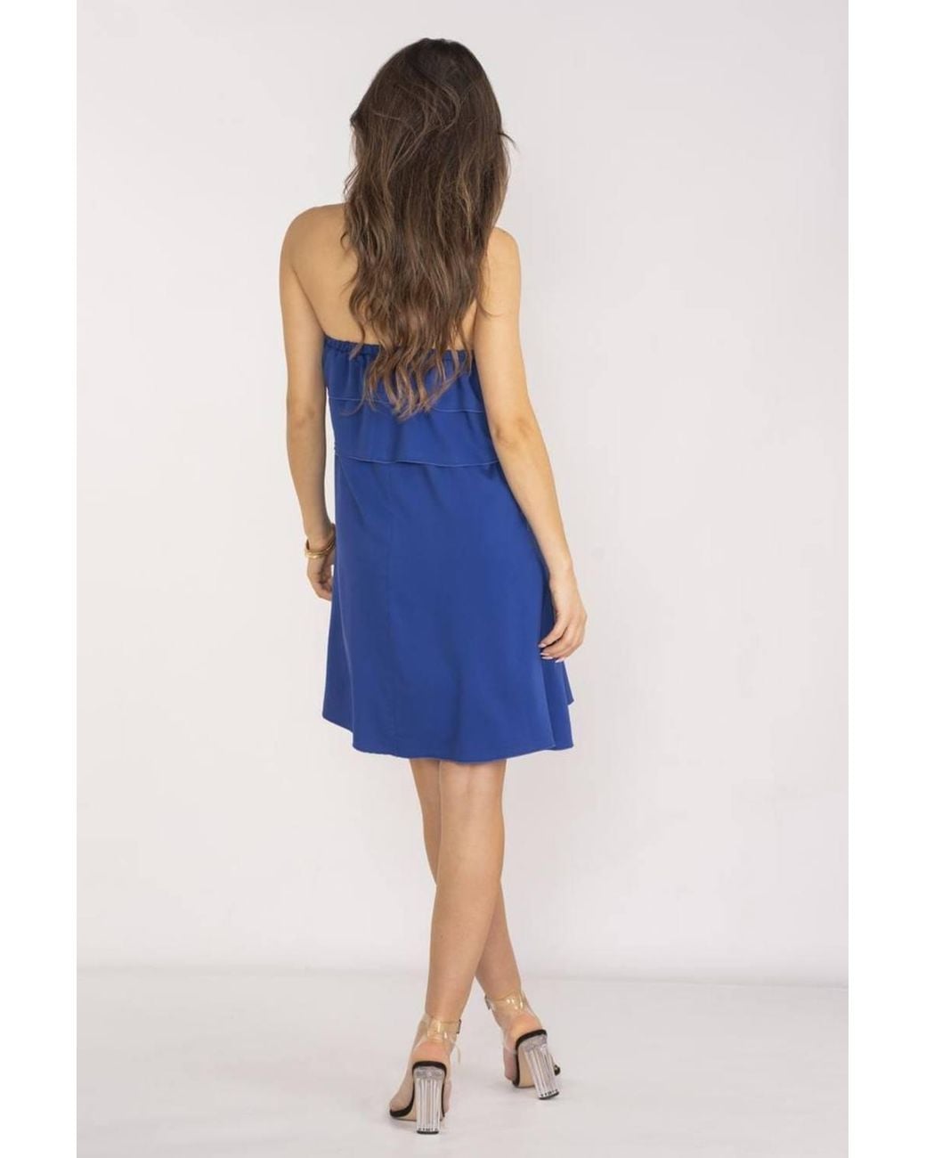 Love Lace Blue Shoulder Exposing Trapeze Day Dress With Frills