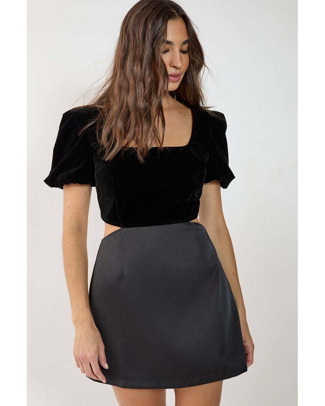 Nasty Gal Black Velvet Satin Mix Puff Sleeve Cut Out Mini Dress