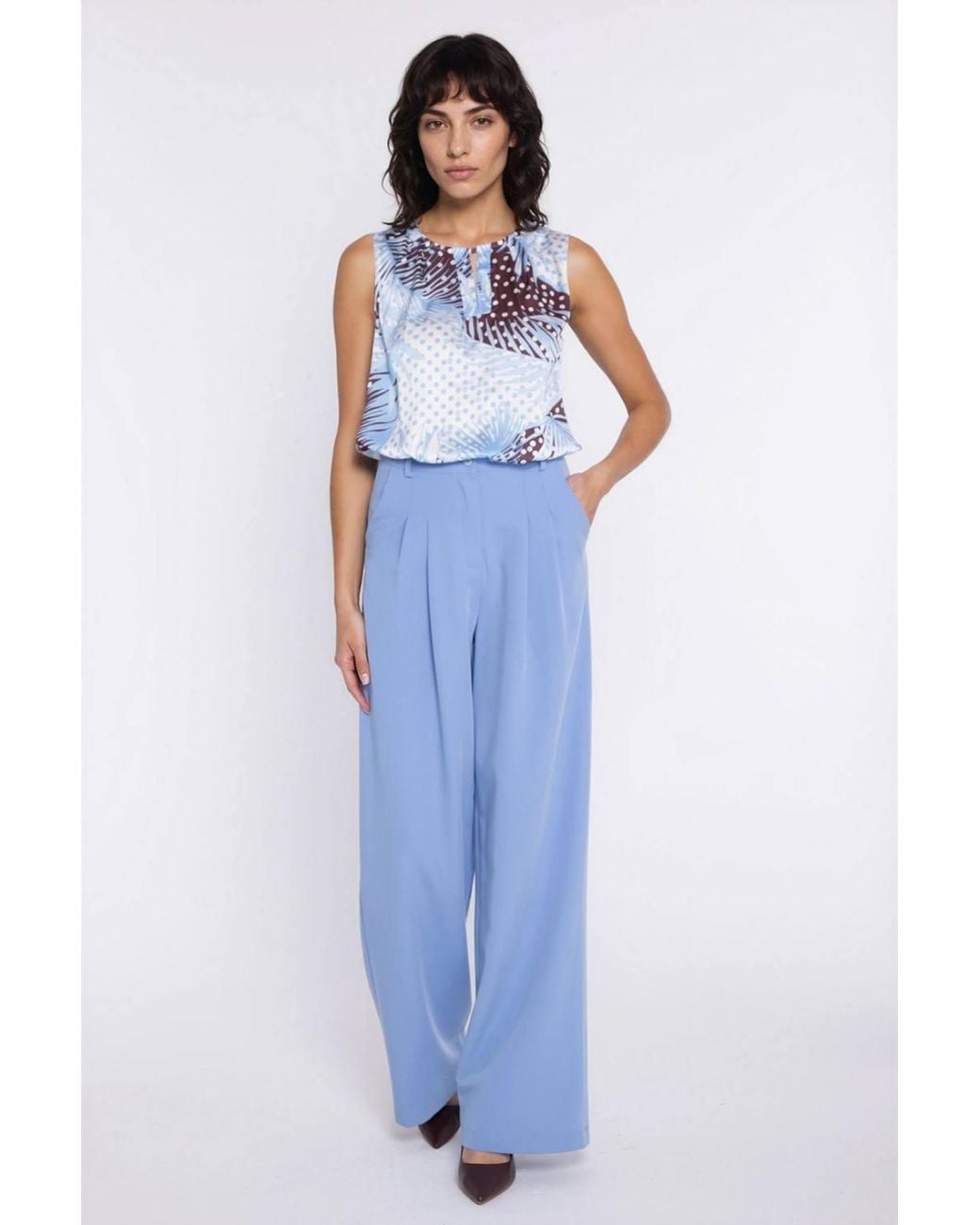 Love Lace Blue Office Viscose High Waisted Wide Leg Trousers