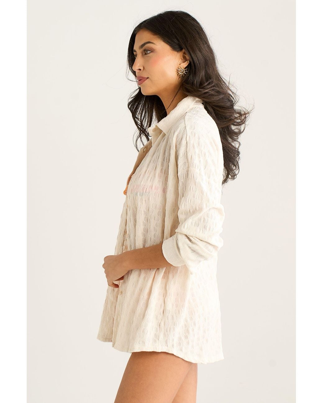 Gini London Natural Textured Oversized Long Sleeves Shirt