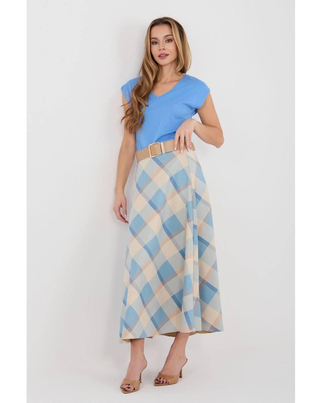 Love Lace Blue Classic Check Flared Maxi Skirt With Belt