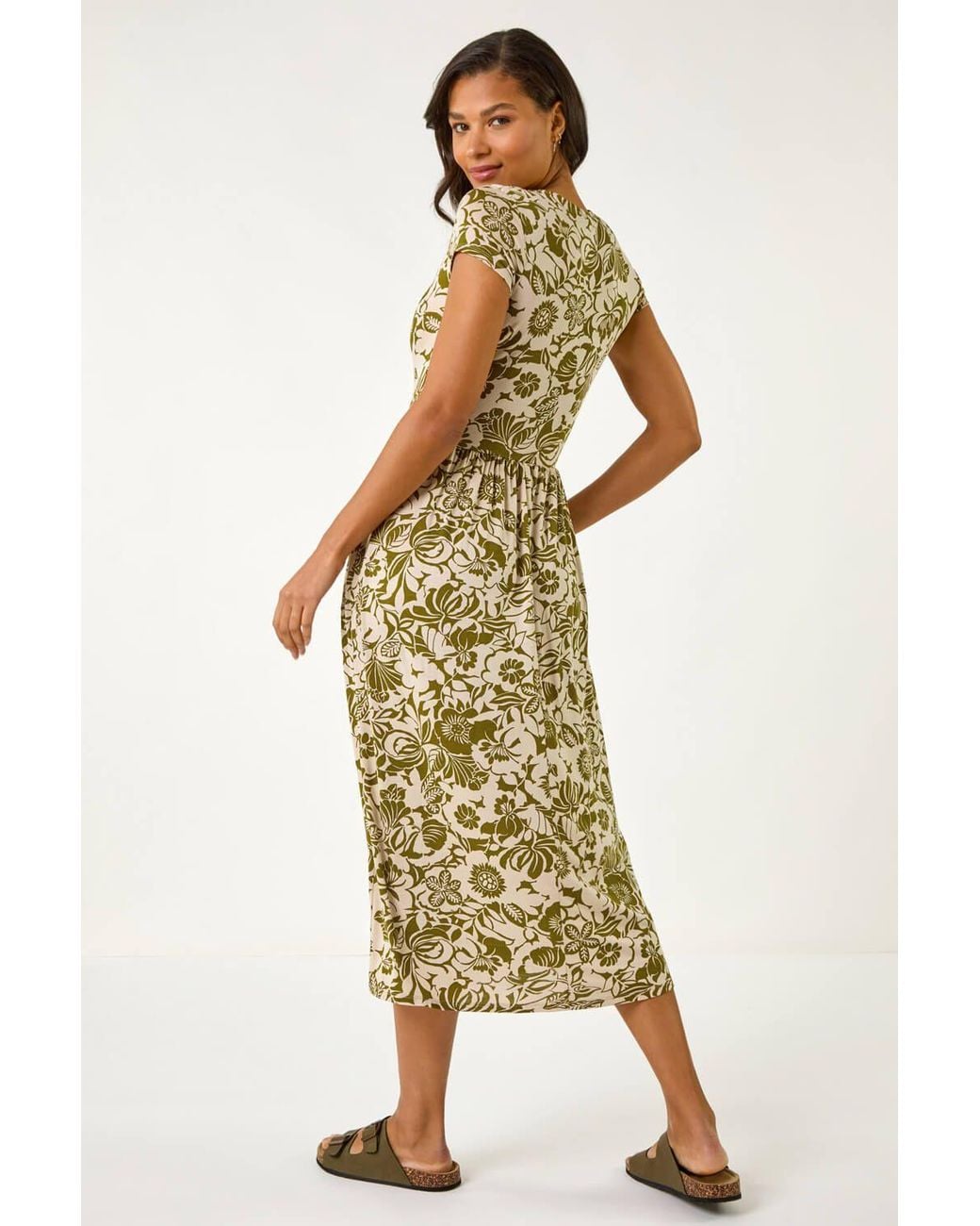Roman Metallic Floral Print Ruched Stretch Midi Dress