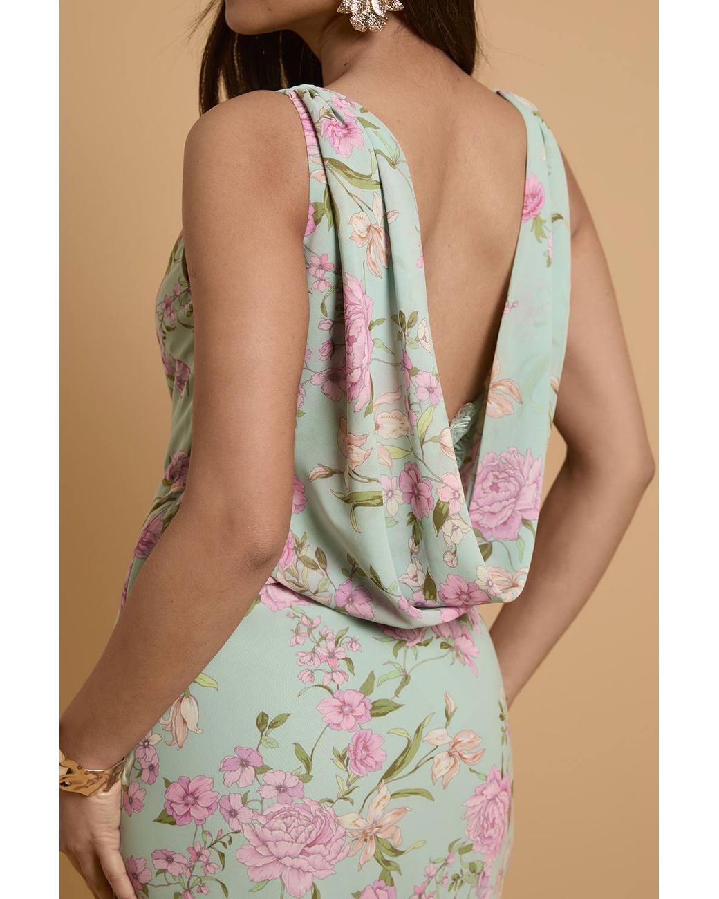 Oasis Natural Petite Lace Cowl Back Chiffon Printed Maxi Dress