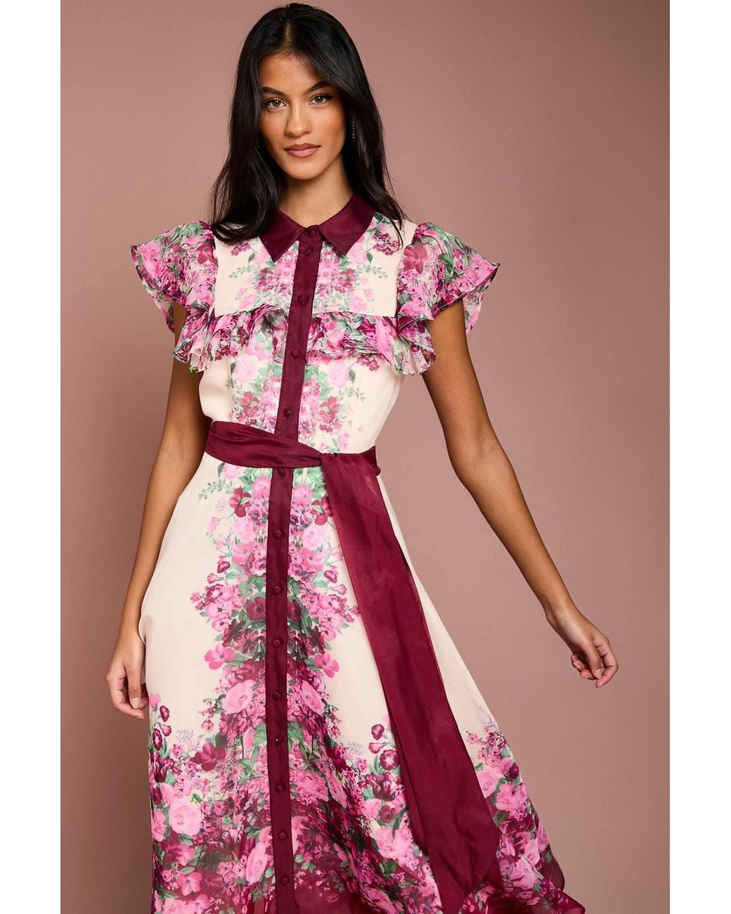 Coast Pink Petite Placement Print Frill Midi Dress