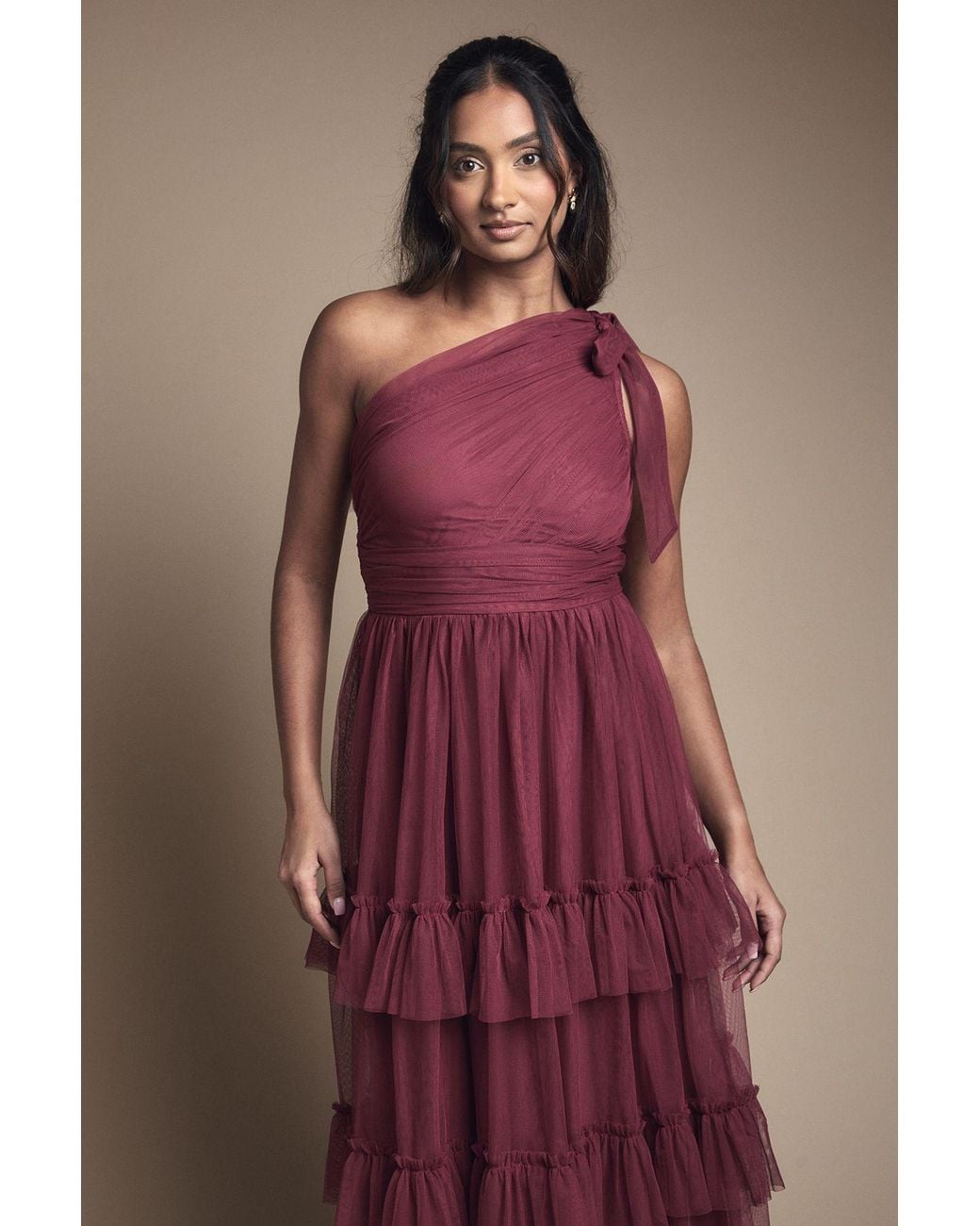 Oasis Multicolor Pleated Mesh One Shoulder Tiered Maxi Bridesmaid Maxi Dress