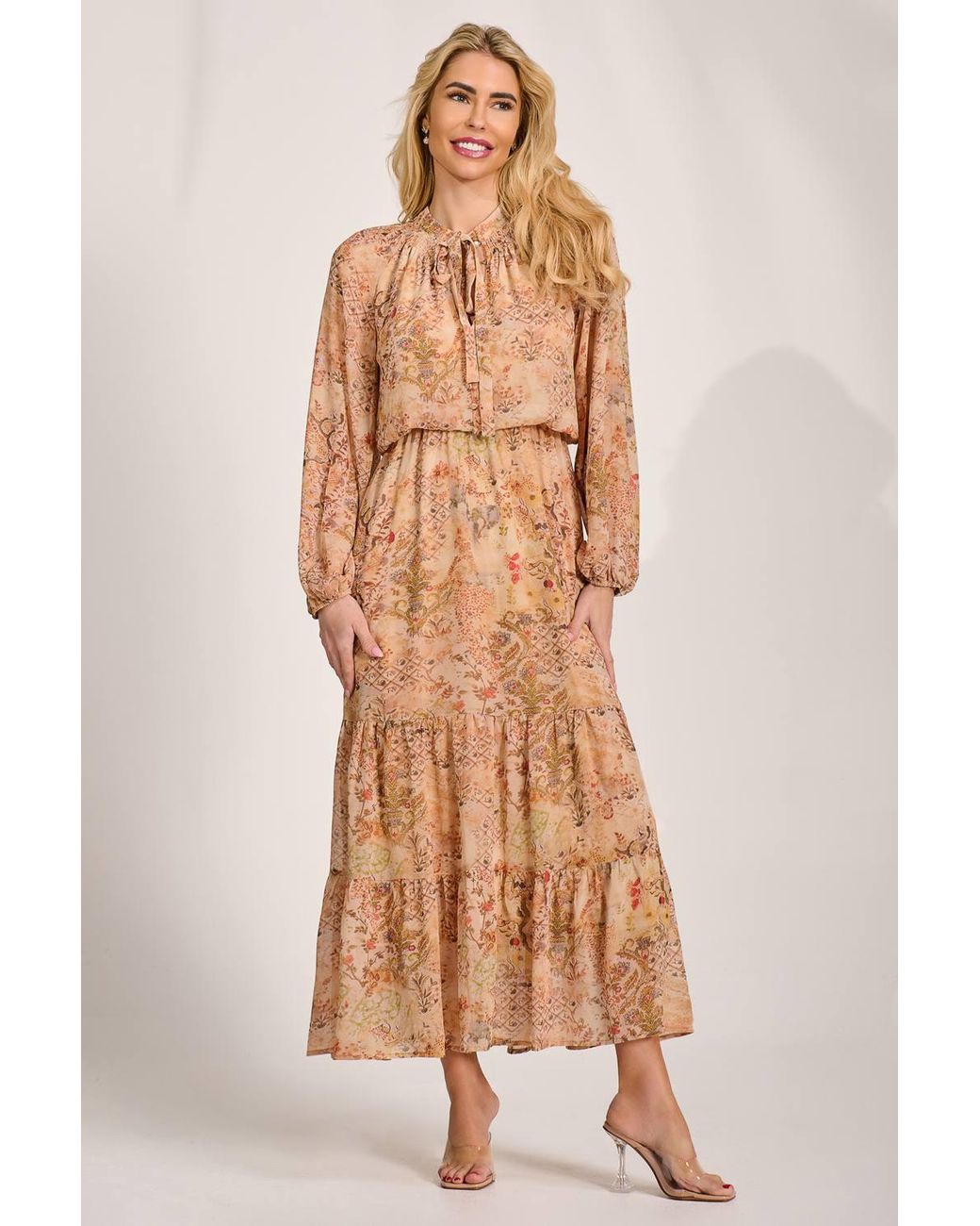 Jolie Moi Orange Chiffon Long Sleeve Tiered Maxi Dress